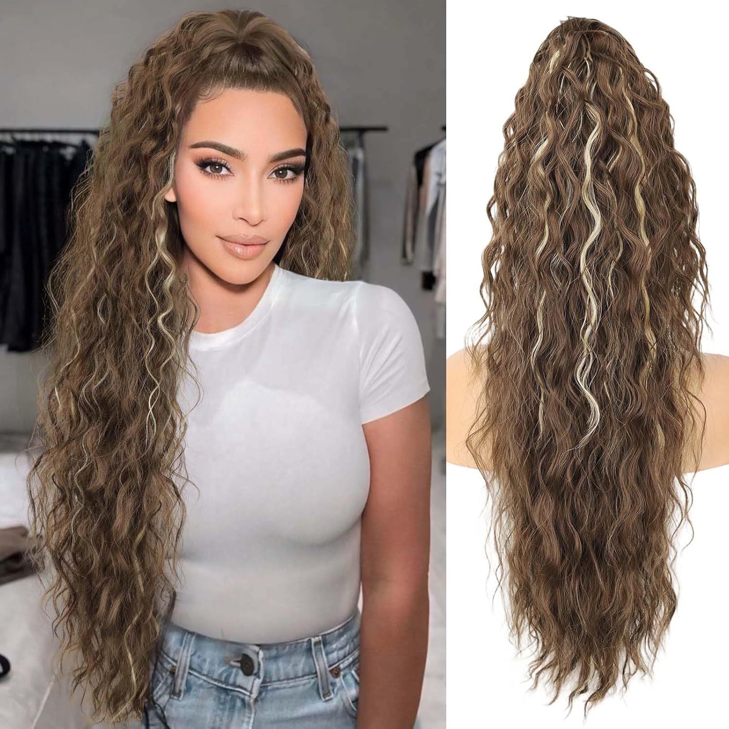 💜 LAST DAY PROMOTION - 50%OFF💜Curly Wavy Frizzy Hair Extension with Ponytail Seamless wig(Free shipping）