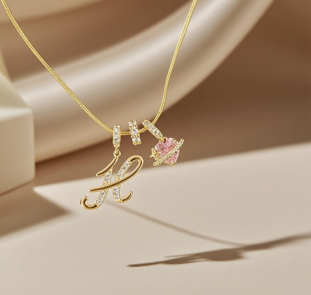 “Shining Love”  18K Gold Initial Heart Pendant Necklace-Free shipping