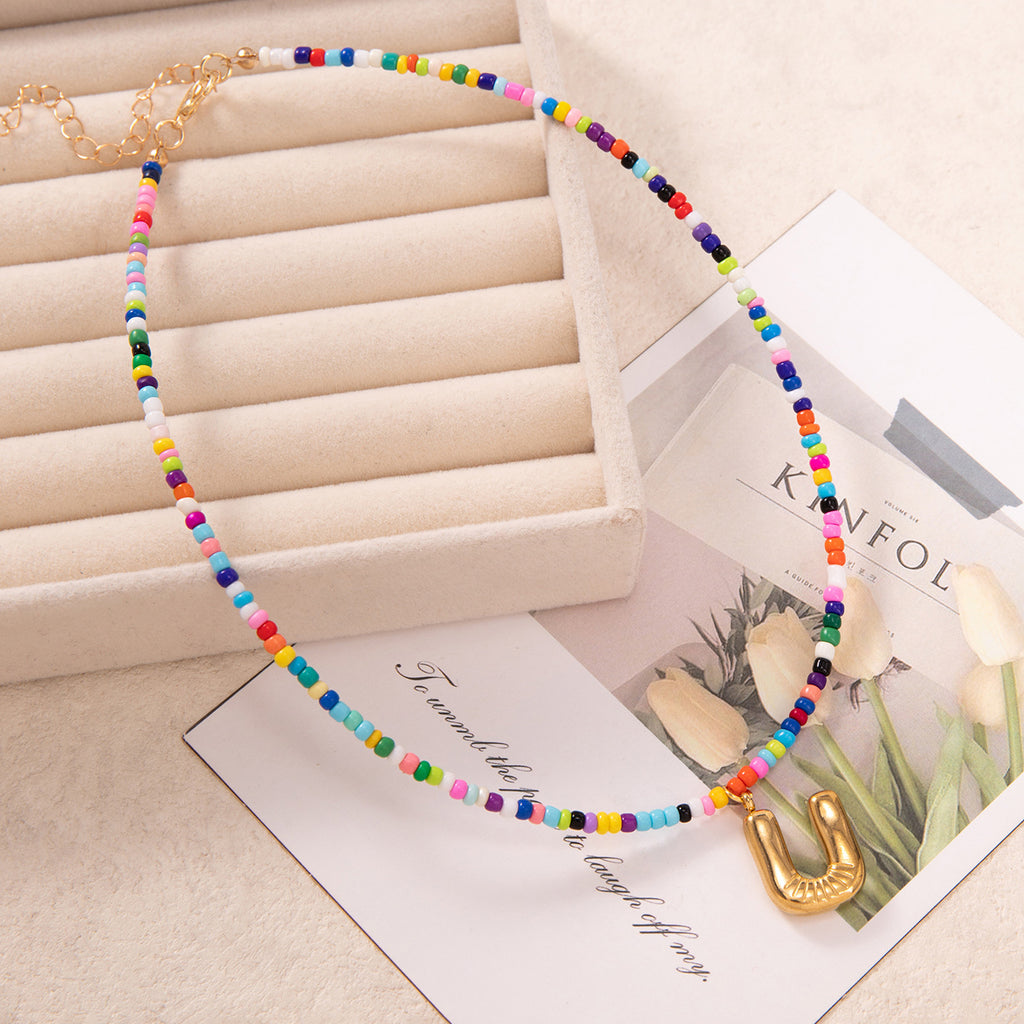 💚💛Buy 1 Get 1 Free-Colorful Bead Initial Necklace🩵❤️（Free shipping）